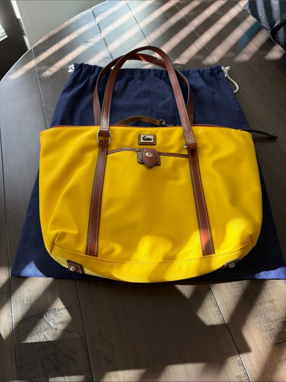 Dooney & Bourke Yellow Tote with Brown Leather Trim and Dual Carry Straps